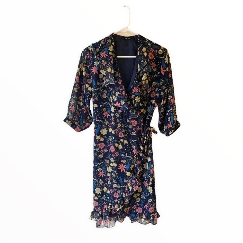 Navy Floral Wrap Dress with Half Sleeves